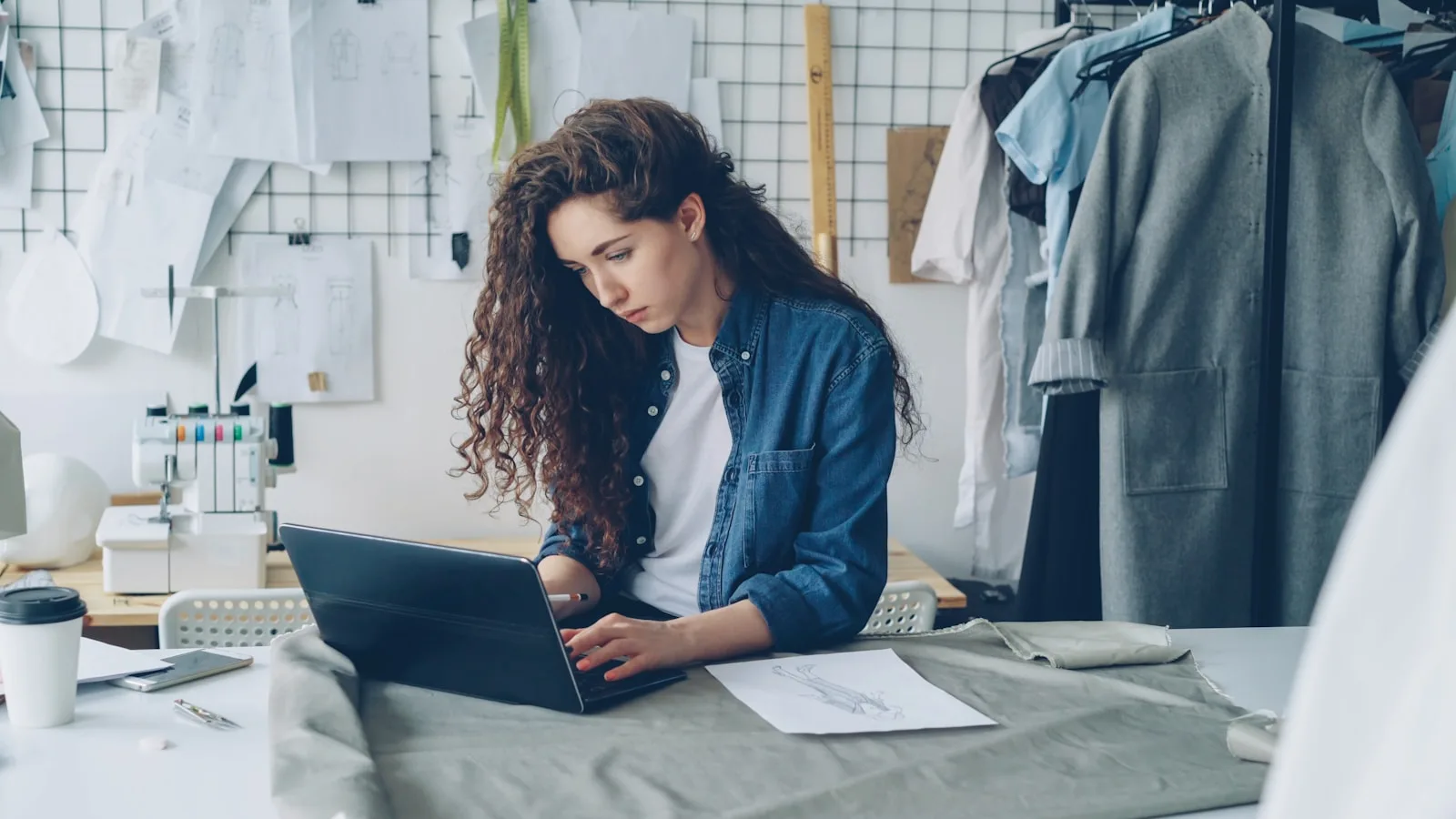 A creative business owner working at a laptop in her studio